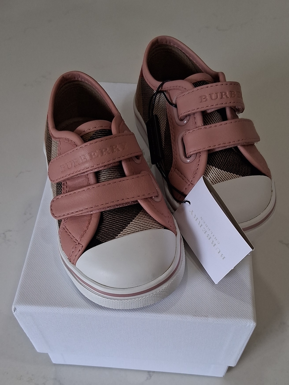 New Burberry Pink and Brown Plaid Kids Velcro Sneakers